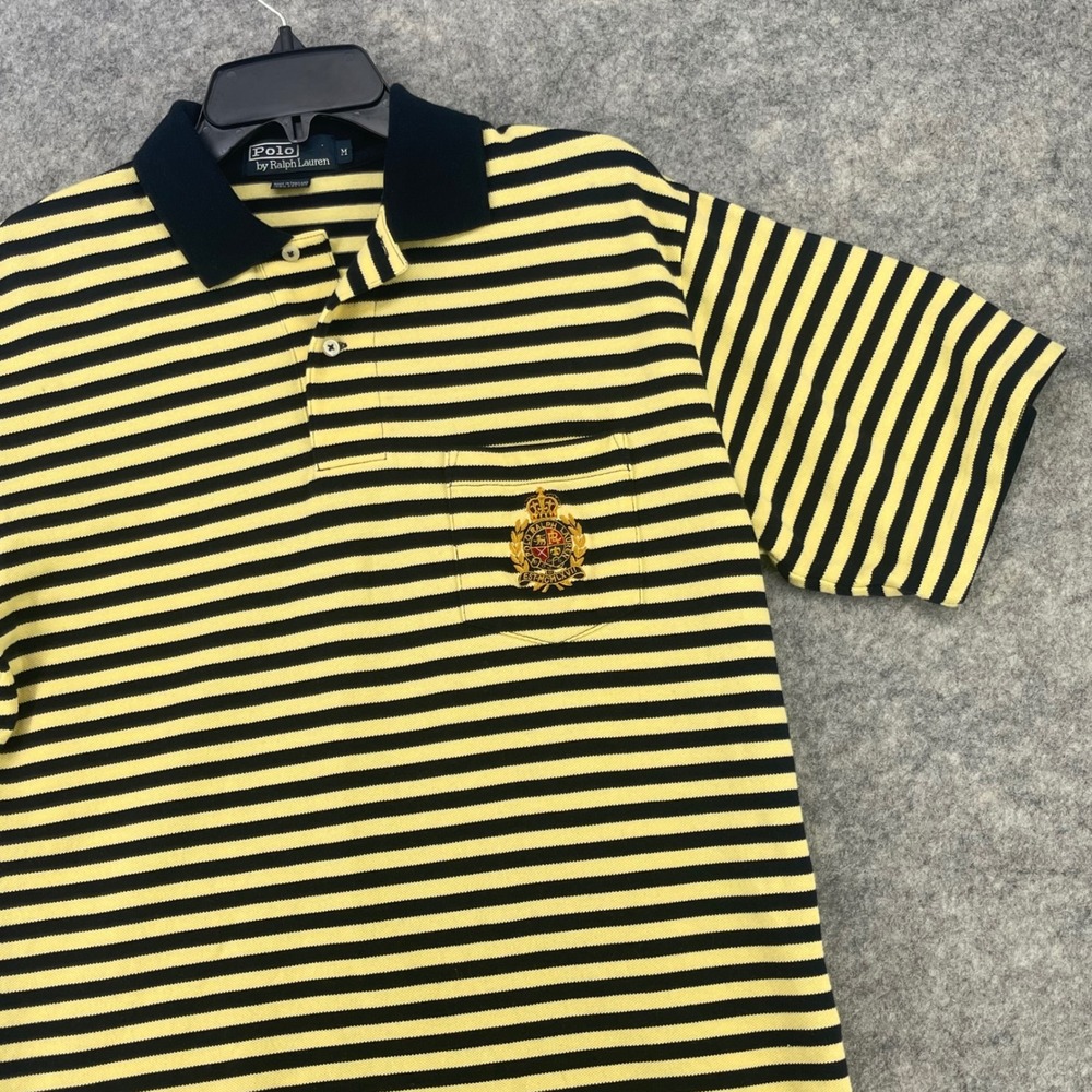 VTG Ralph Lauren Polo Shirt Men Medium Yellow Blue Striped Crested Pocket Preppy